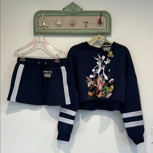 Looney Tunes Dolls Kill Gangs all here graphic Navy Sweatshirt & mini skirt Set